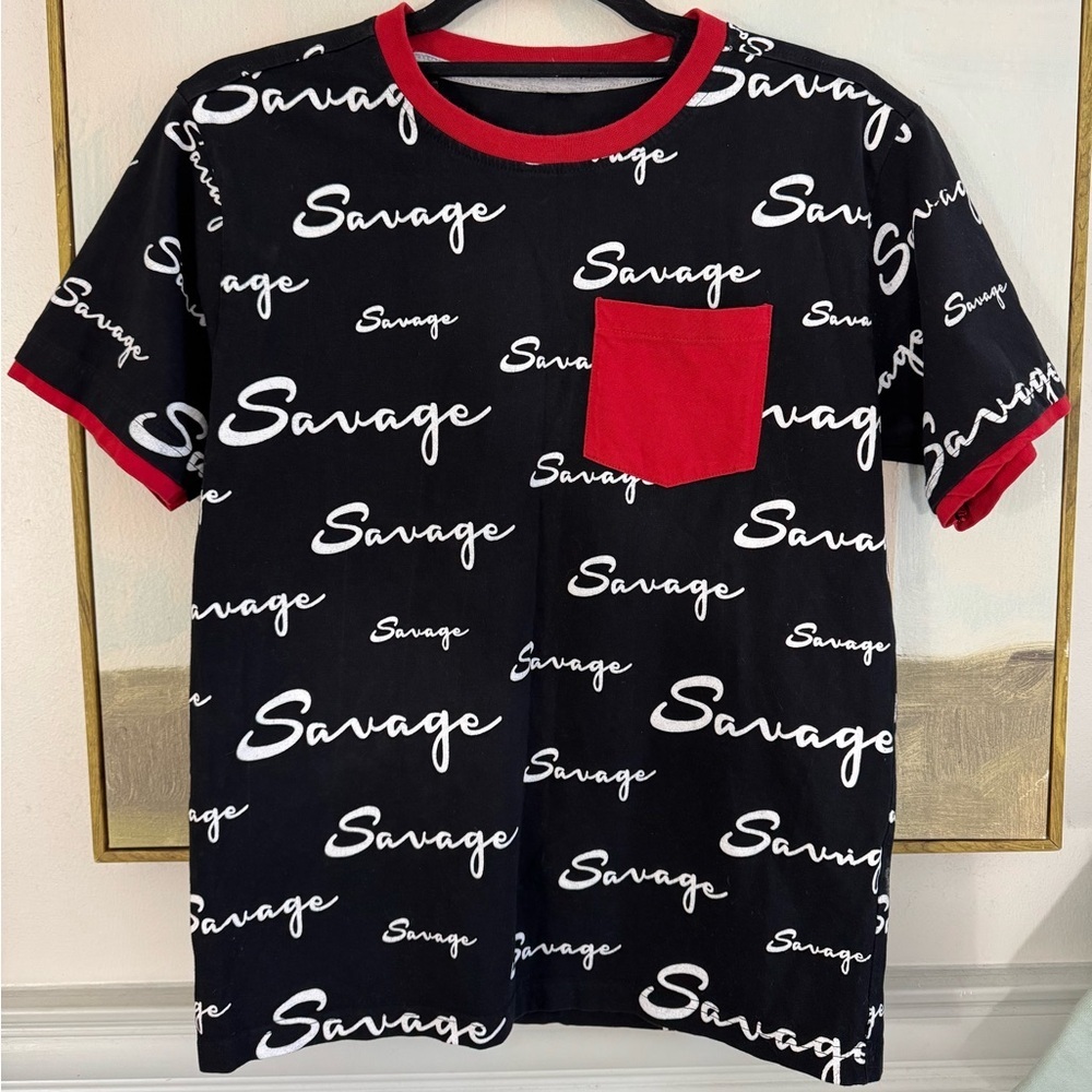 SAVAGE  Red and black Signature Script Logo Tee Size Small